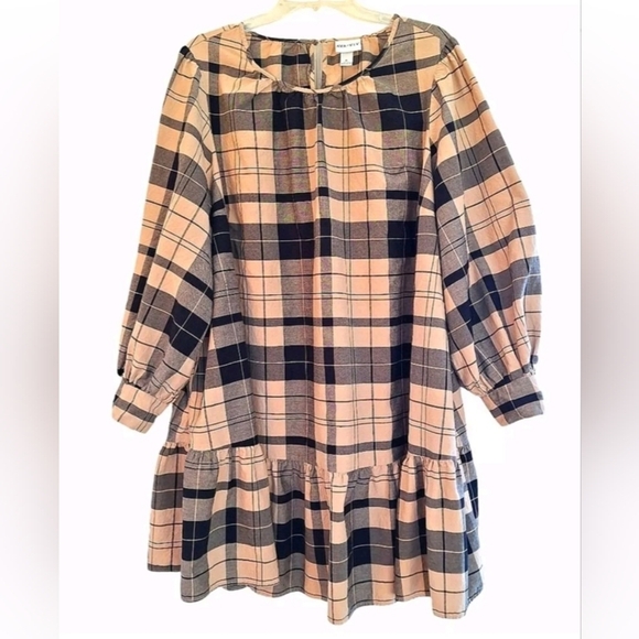 2X AVA & VIV Cotton Blend Plaid Babydoll Tiered Midi Dress with Side Pockets - Picture 2 of 5